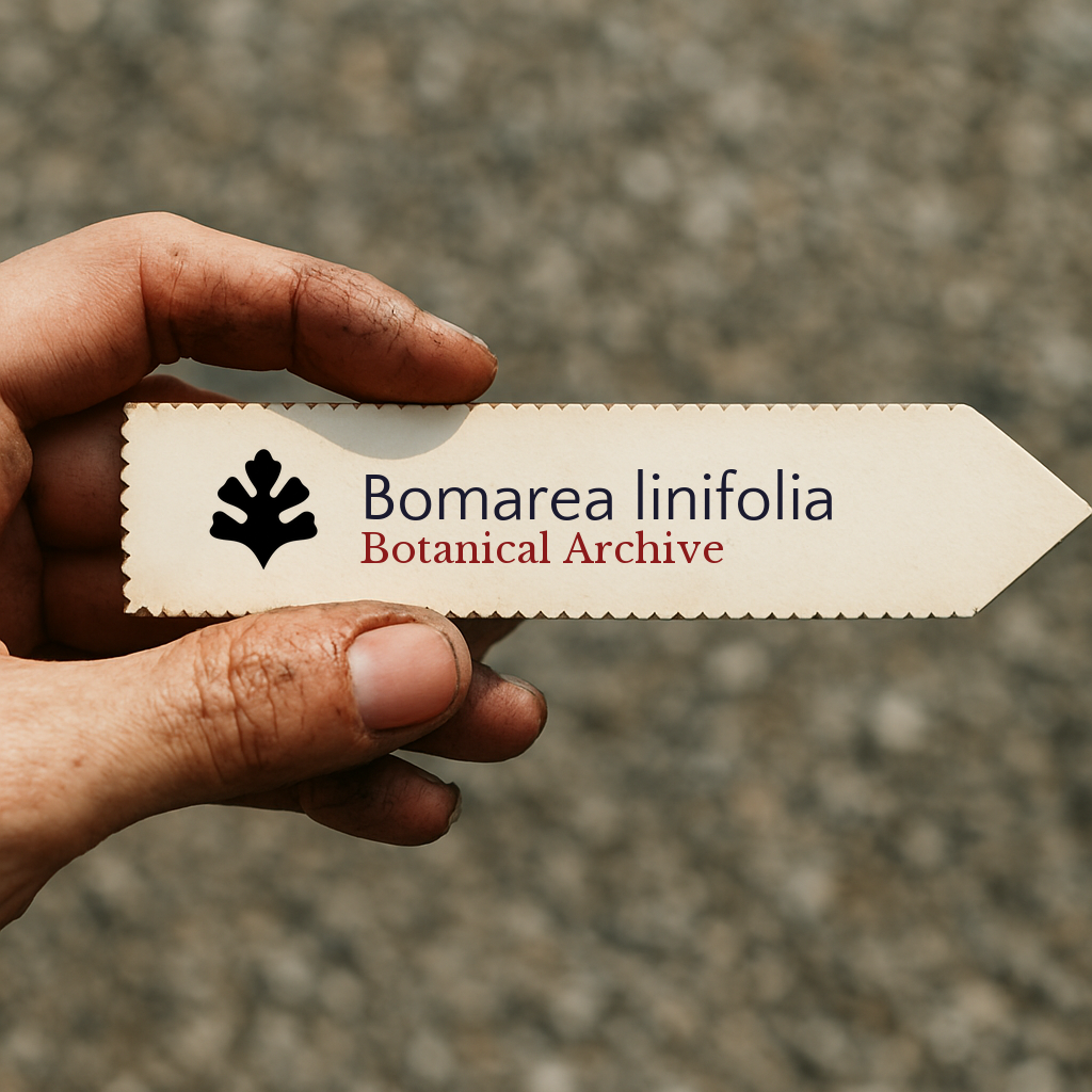 Printed plant label for Bomarea linifolia held by hand with a blurred outdoor background
