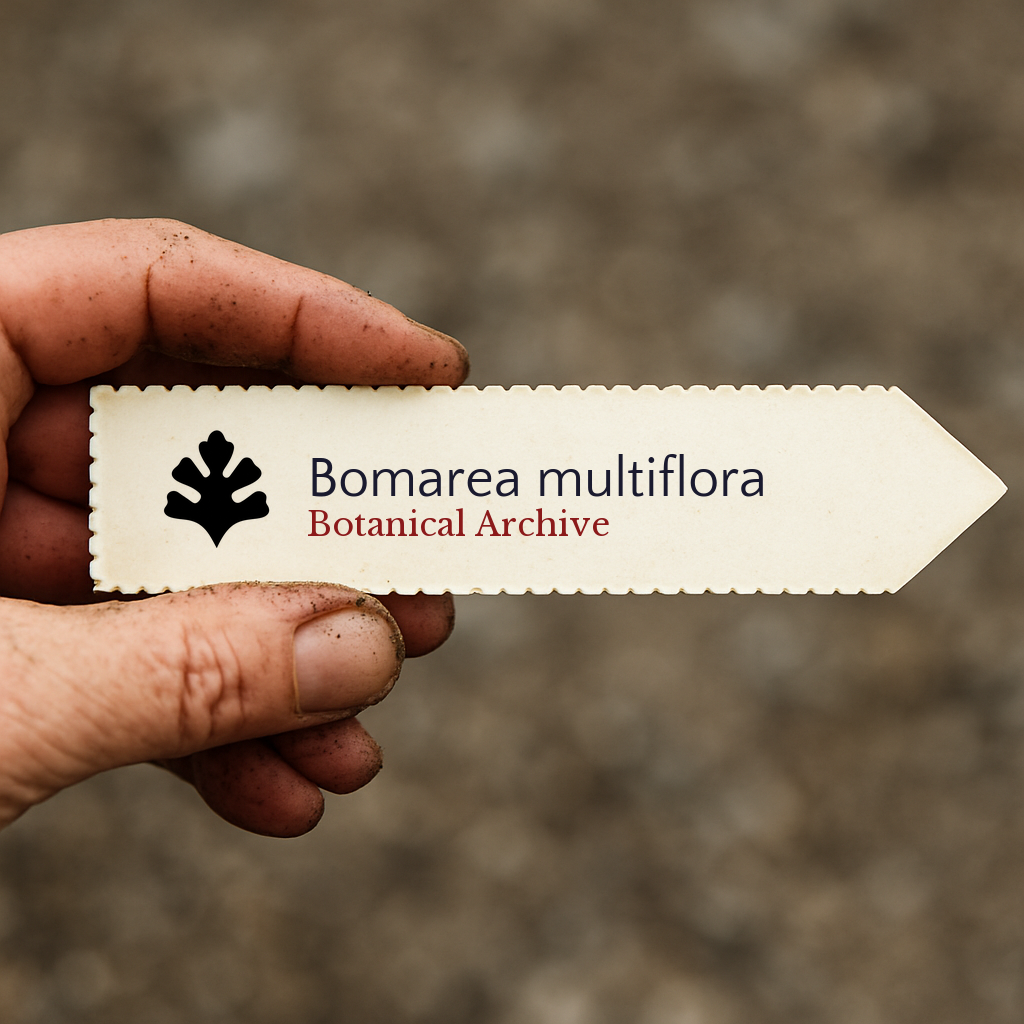 Etichetta per pianta stampata per Bomarea multiflora tenuta in mano con sfondo di terreno