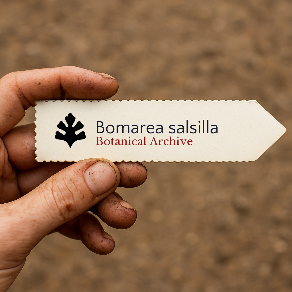 Etichetta stampata per pianta di Bomarea salsilla tenuta a mano con sfondo di terra