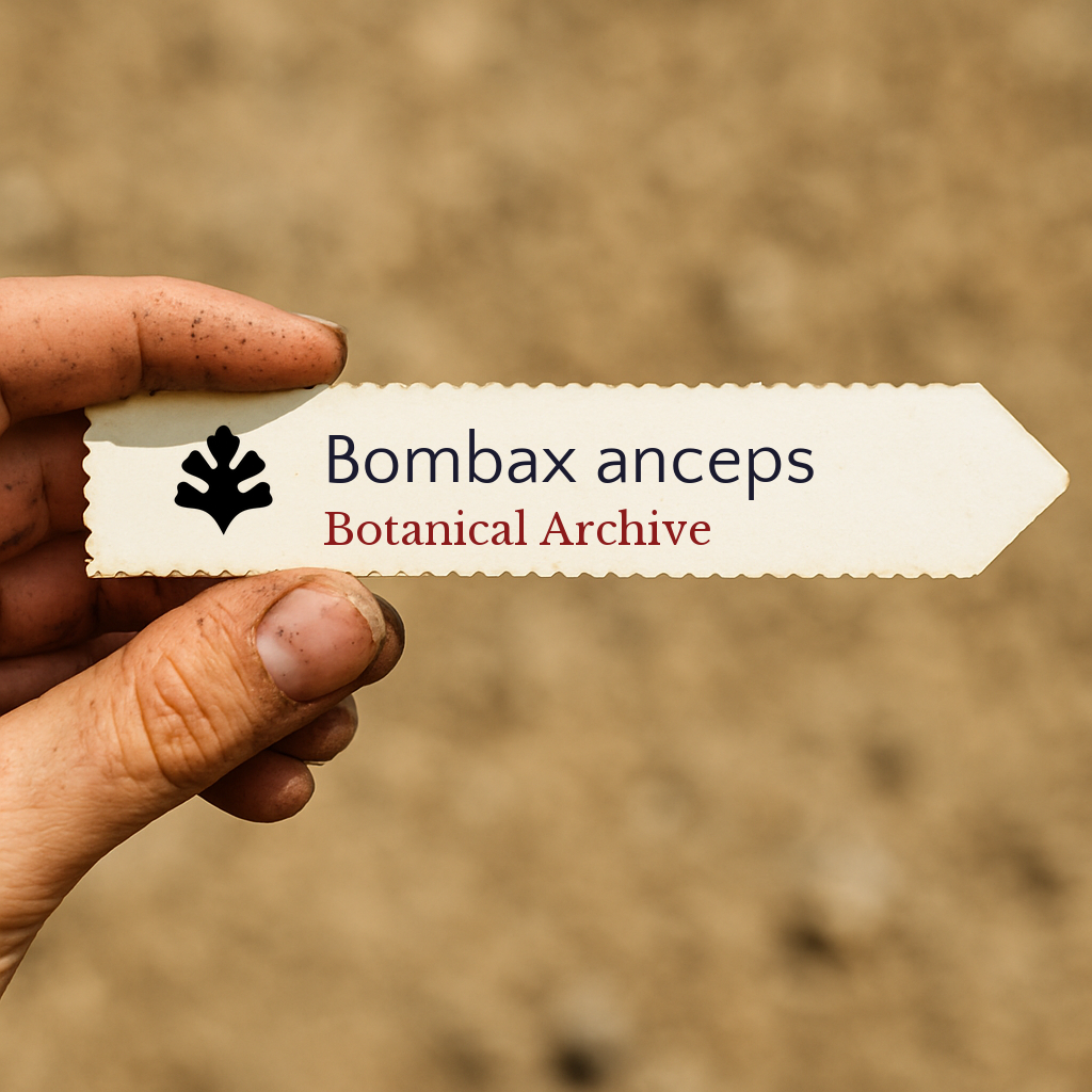 Printed plant label for Bombax anceps held by hand with dirt background