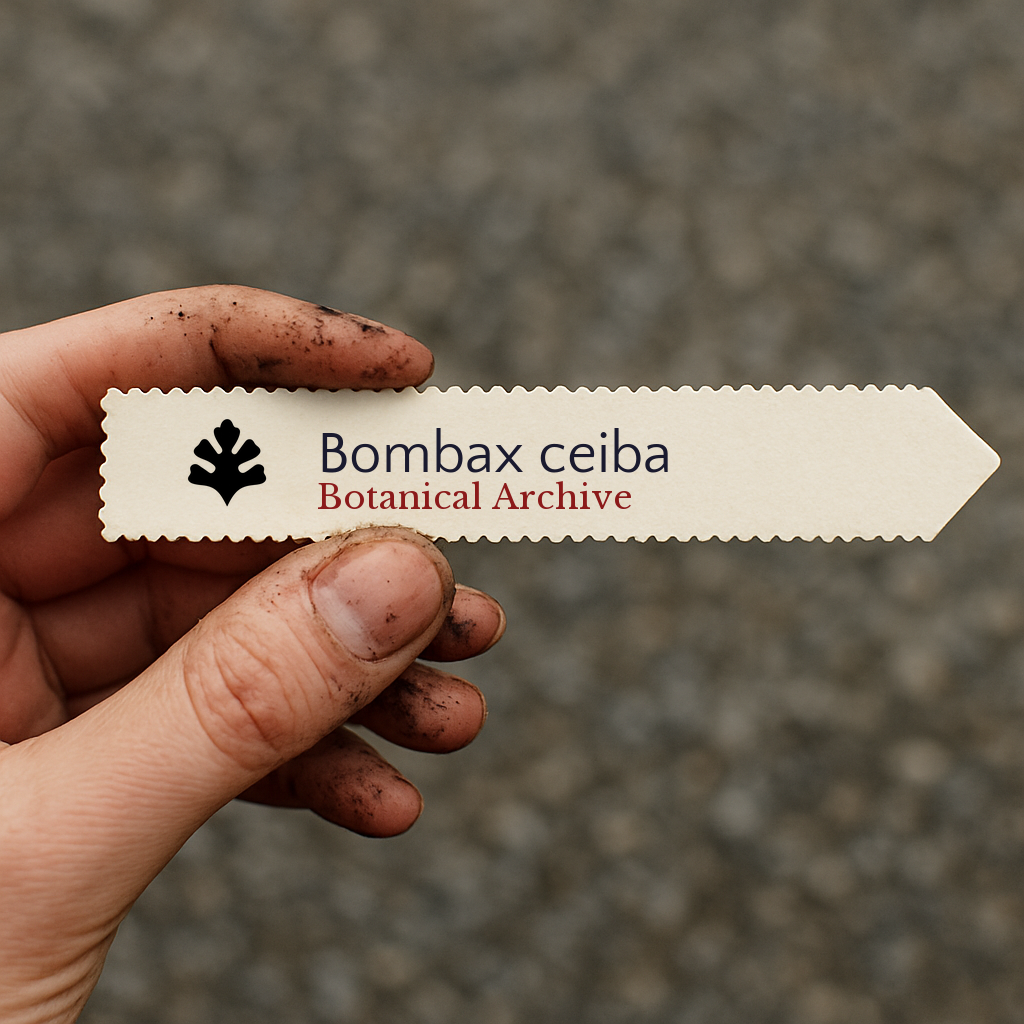 Printed plant label for Bombax ceiba held by dirty hand on blurred background