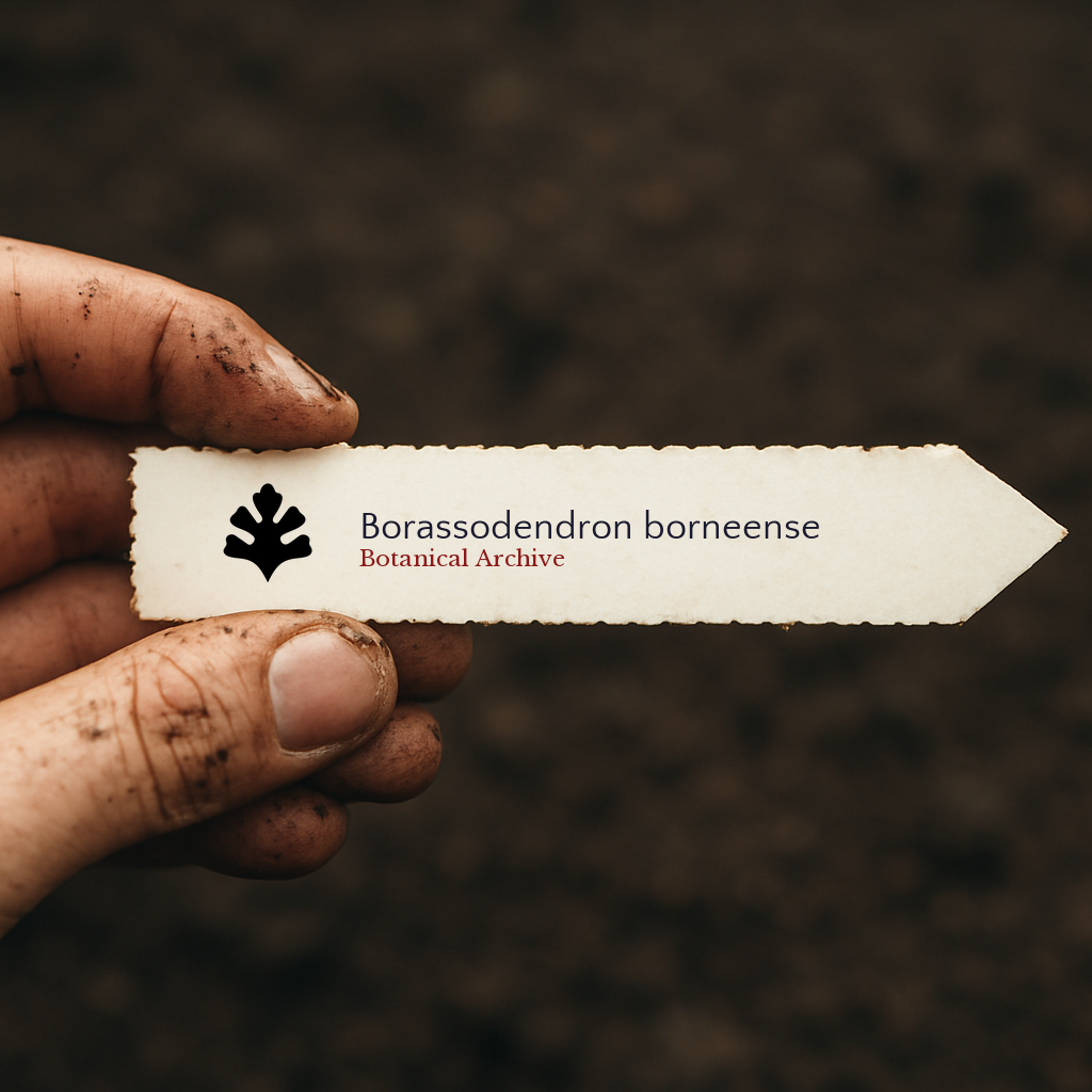 Etichetta plantare stampata per Borassodendron borneense tenuta da mano sporca su sfondo di terreno
