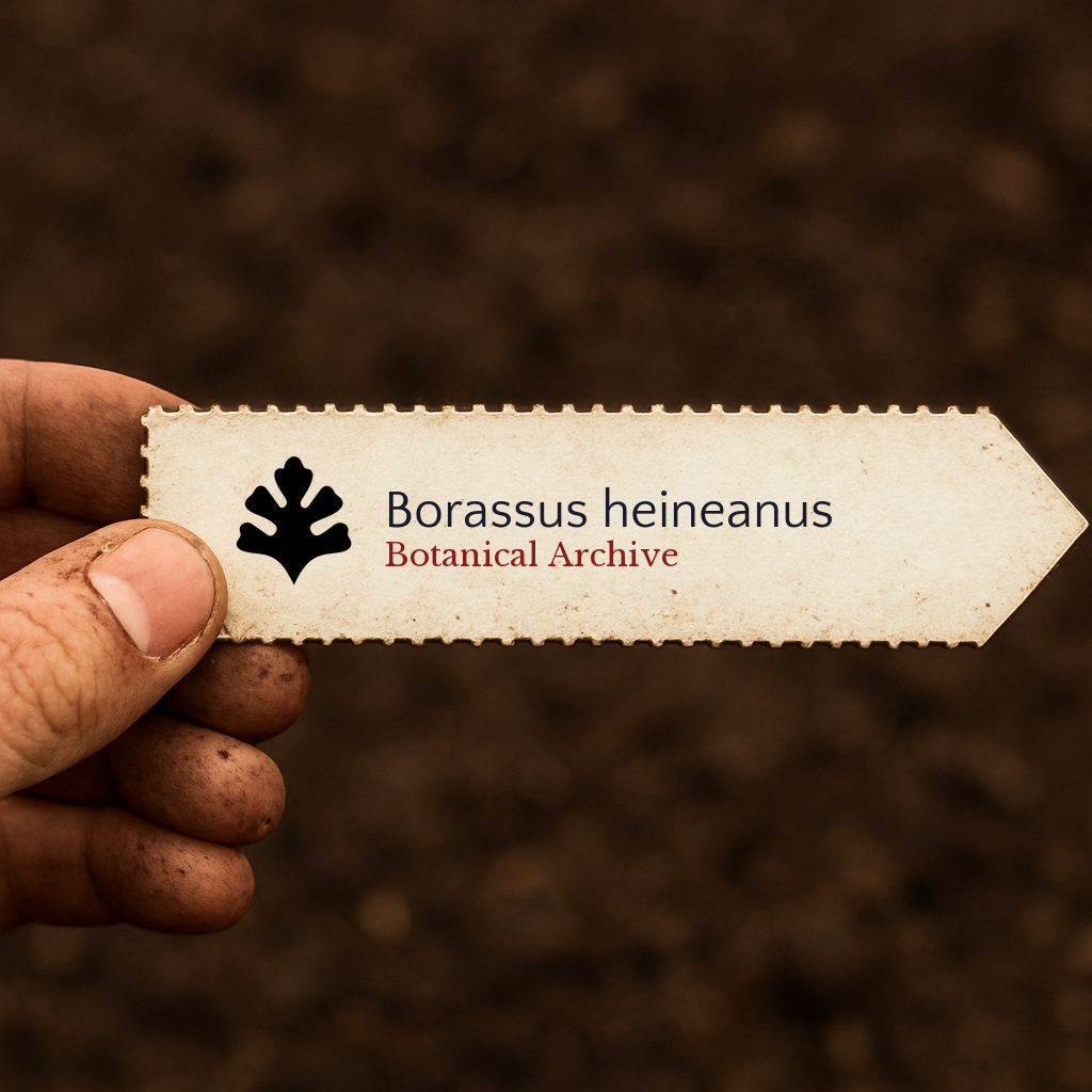 Etichetta stampata per pianta di Borassus heineanus tenuta in mano su sfondo di terreno