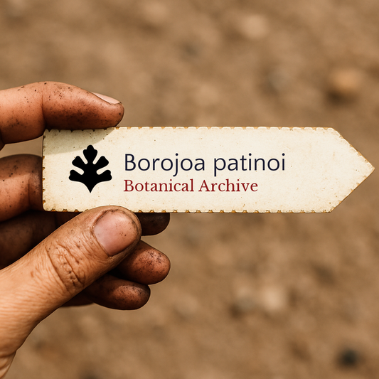 Etichetta per pianta stampata di Borojoa patinoi tenuta da mano sporca su sfondo di terreno