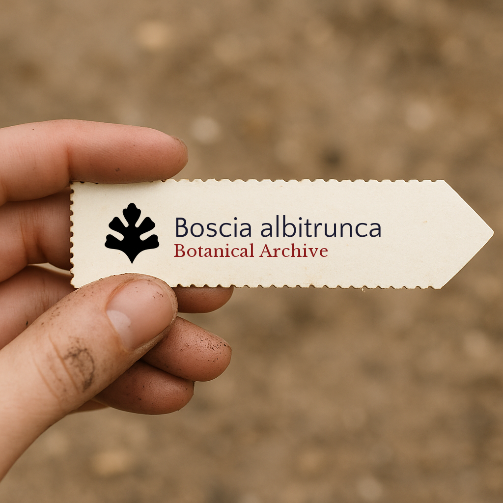 Etichetta per pianta stampata per Boscia albitrunca tenuta a mano con sfondo di terreno