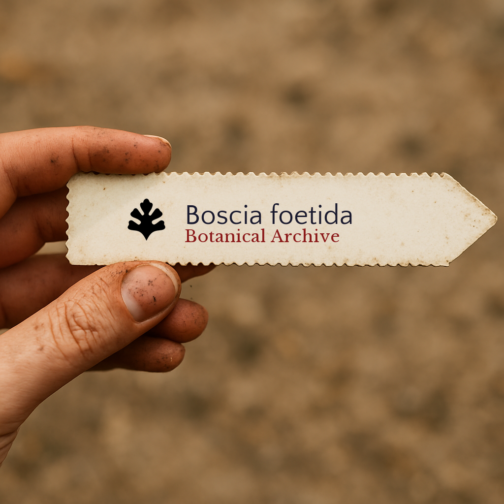 Printed plant label for Boscia foetida held by hand with soil background