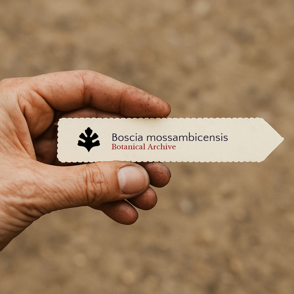Printed plant label for Boscia mossambicensis held by hand with dirt background