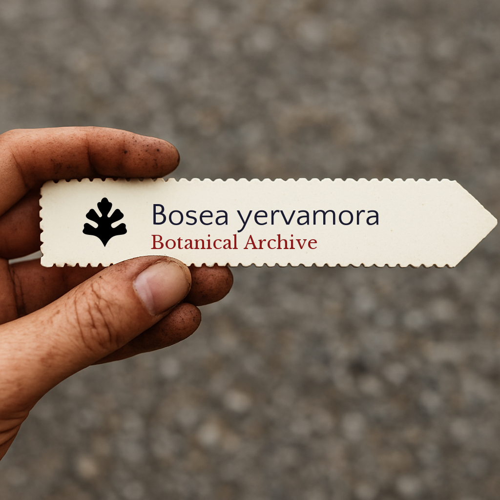 Etichetta vegetale stampata per Bosea yervamora tenuta in mano con sfondo di terra