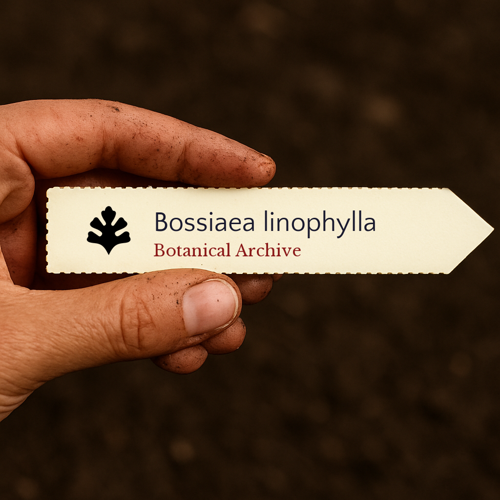 Printed plant label for Bossiaea linophylla held by dirty hand over soil background