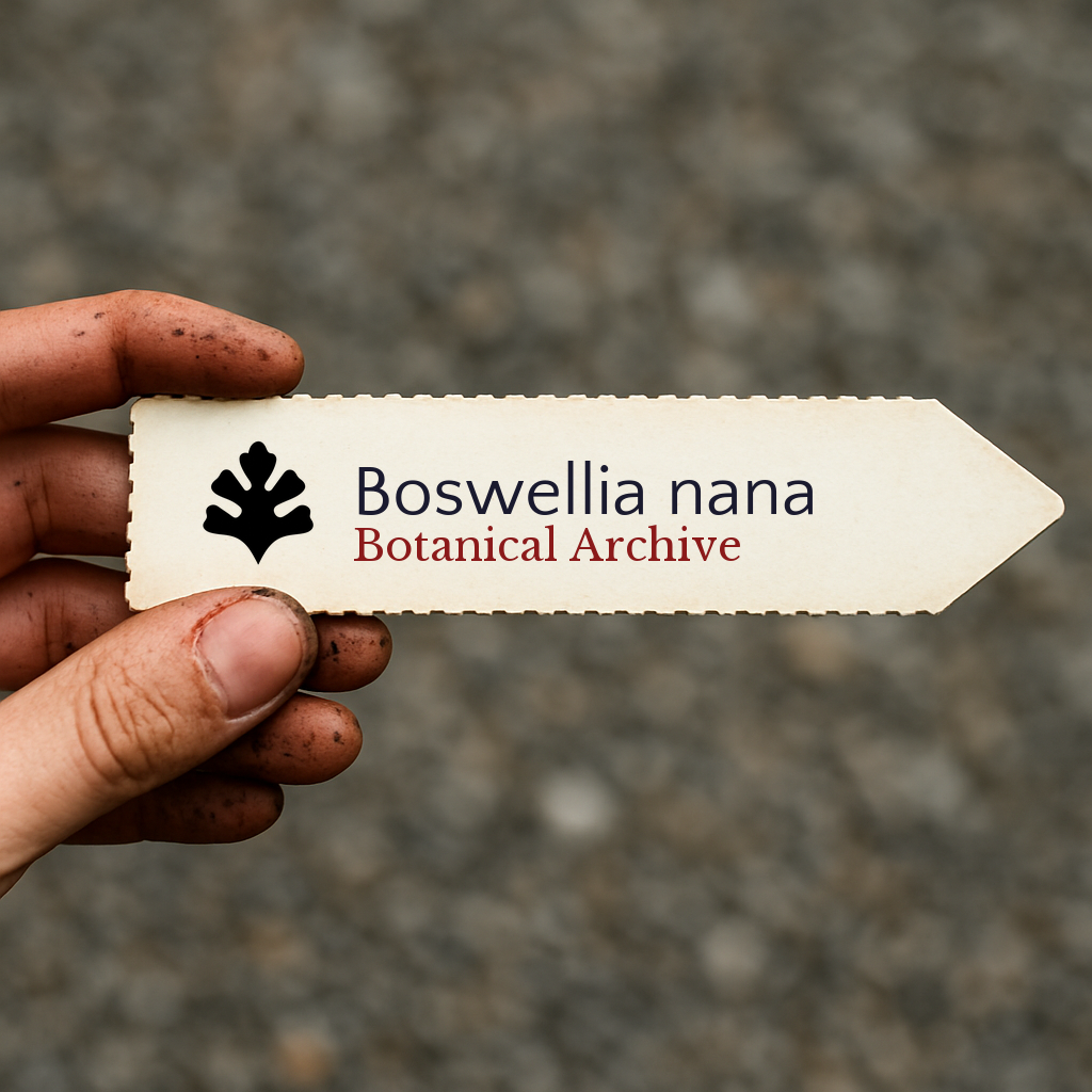 Etichetta vegetale stampata per Boswellia nana tenuta a mano con terra sulle dita