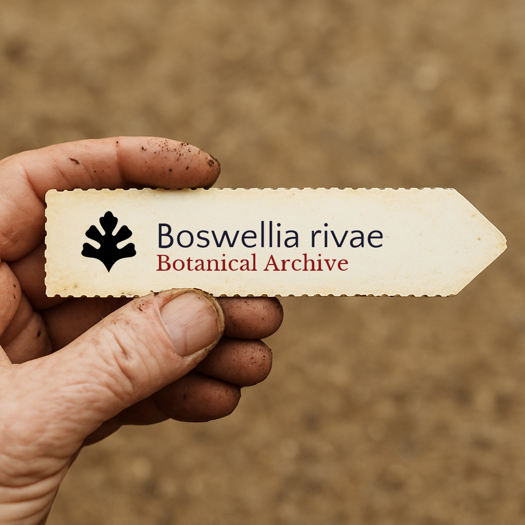 Printed plant label for Boswellia rivae Botanical Archive held by dirty hand outdoors