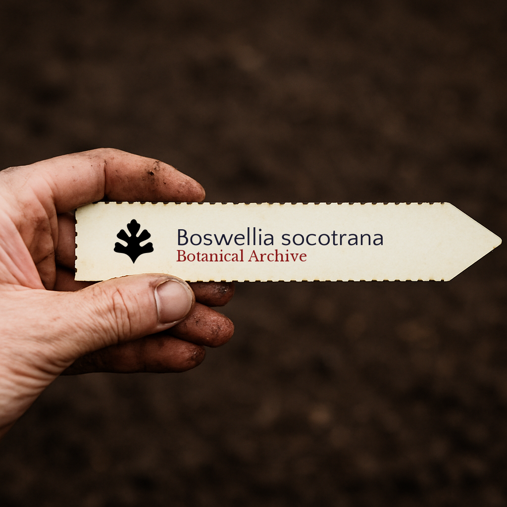Etichetta stampata per pianta di Boswellia socotrana con logo Botanical Archive tenuta a mano