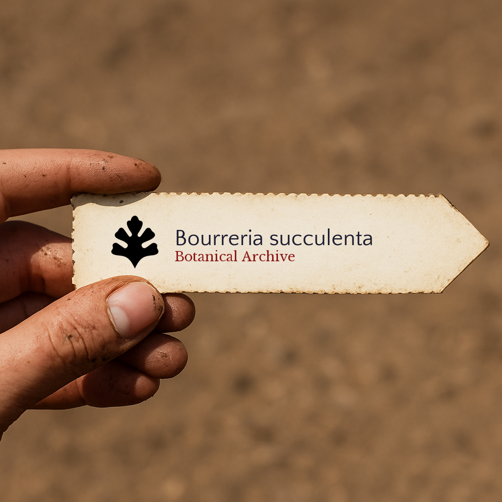 Etichetta stampata per pianta di Bourreria succulenta tenuta in mano con sfondo di terra