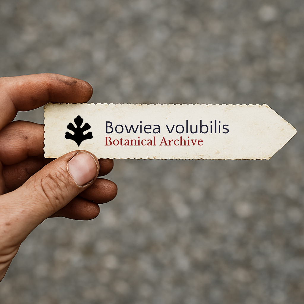 Printed plant label for Bowiea volubilis with botanical archive logo held by hand