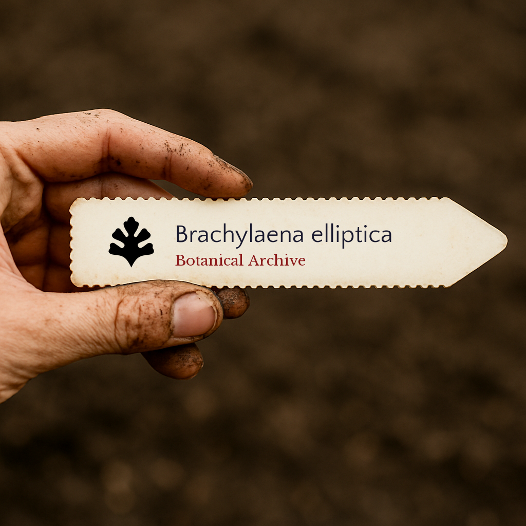 Etichetta stampata per pianta di Brachylaena elliptica tenuta da una mano sporca su sfondo di terreno