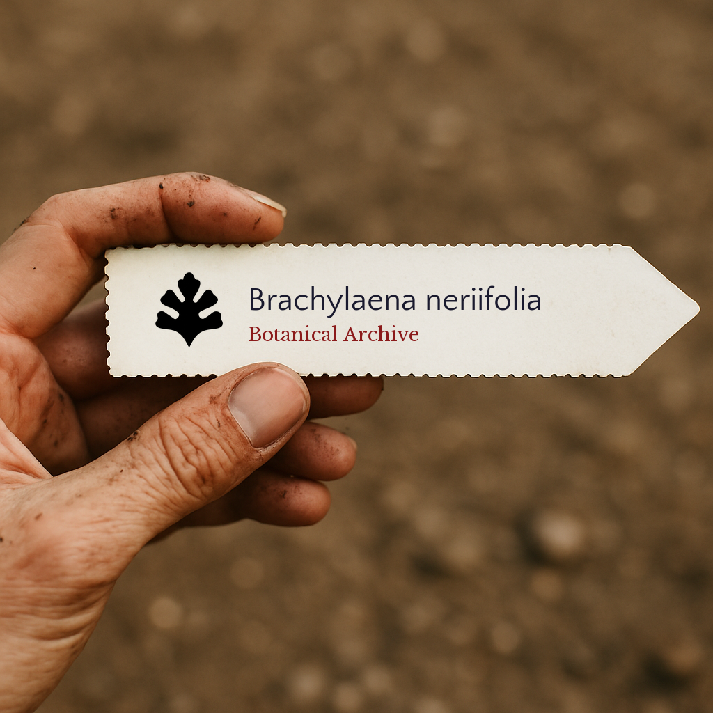 Etichetta stampata per pianta di Brachylaena neriifolia tenuta a mano su sfondo di terreno