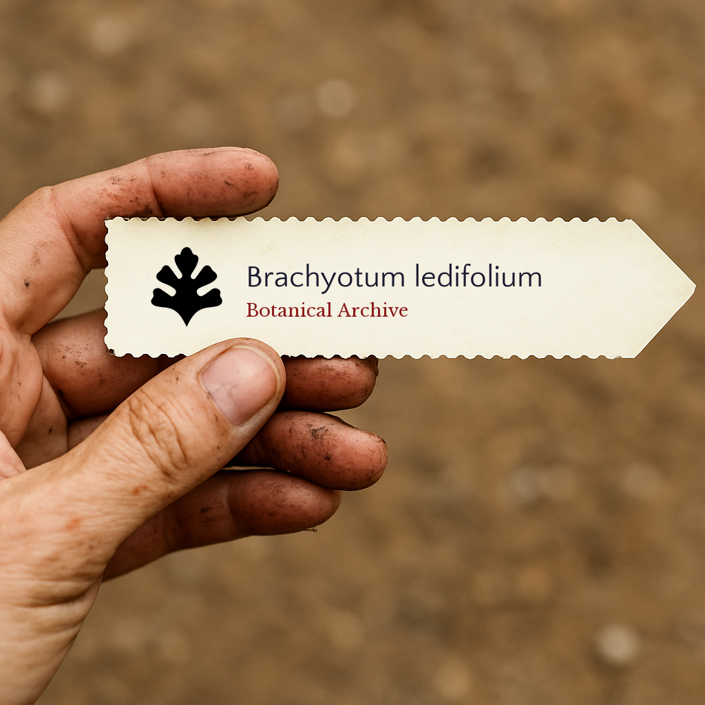 Etichetta per pianta stampata per Brachyotum ledifolium tenuta da una mano sporca con sfondo di terra