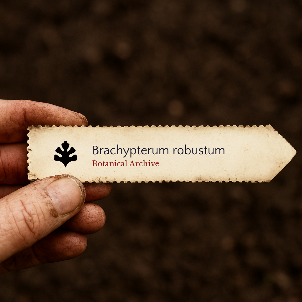 Printed plant label for Brachypterum robustum with botanical archive logo held by hand