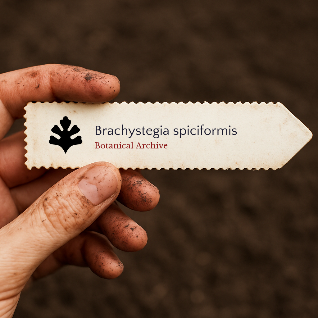 Etichetta per piante stampata per Brachystegia spiciformis tenuta da una mano sporca su sfondo di terreno