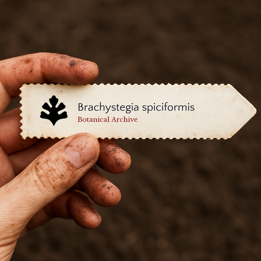 Etichetta per piante stampata per Brachystegia spiciformis tenuta da una mano sporca su sfondo di terreno
