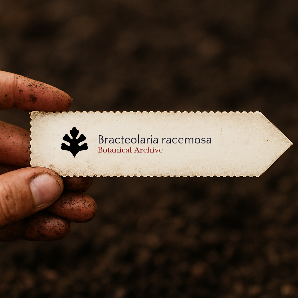 Printed plant label for Bracteolaria racemosa with botanical archive logo held over soil