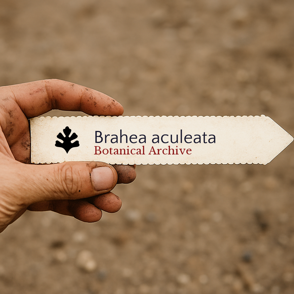 Etichetta botanica stampata per Brahea aculeata tenuta in mano con sfondo di terreno