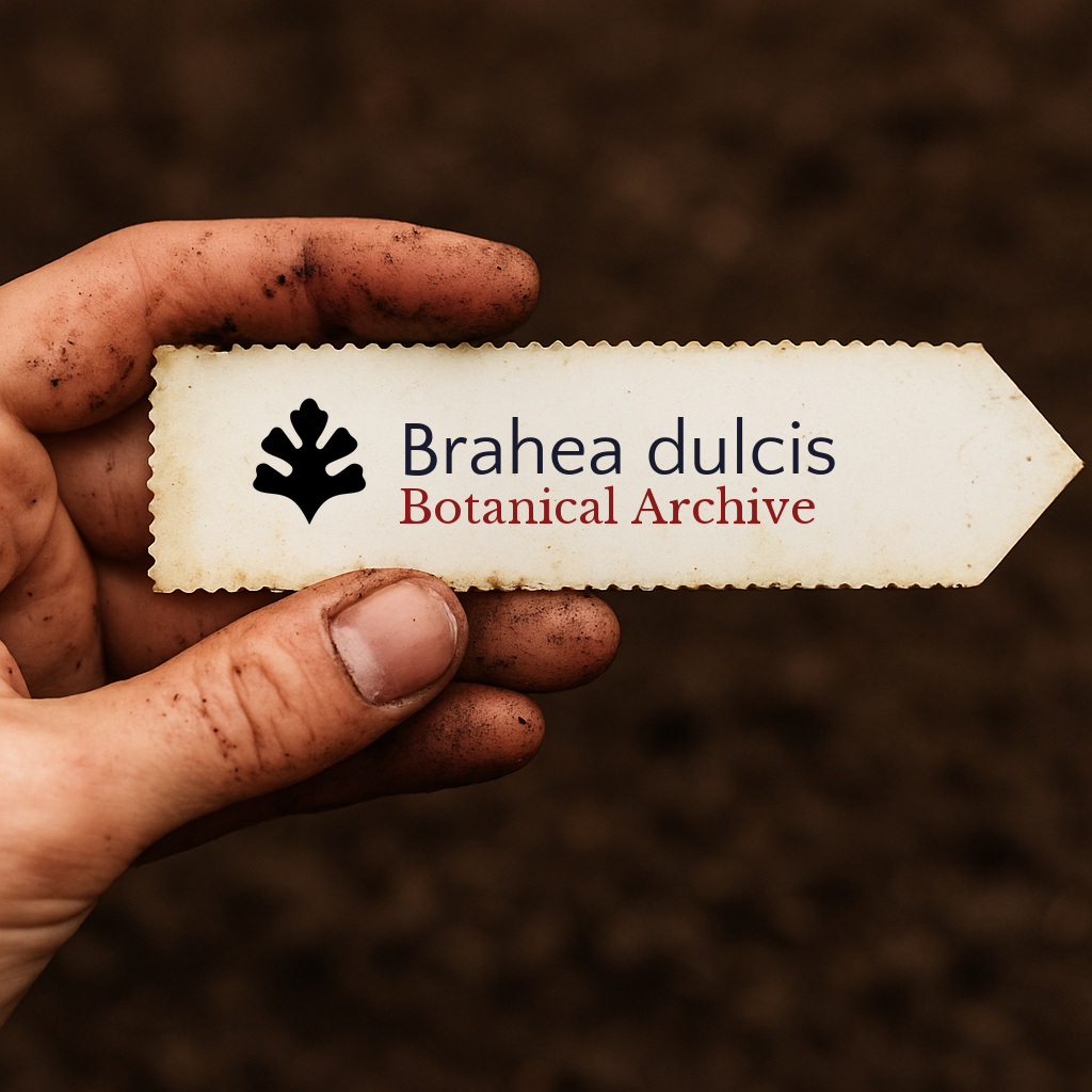Printed plant label for Brahea dulcis held by dirty hand over soil background