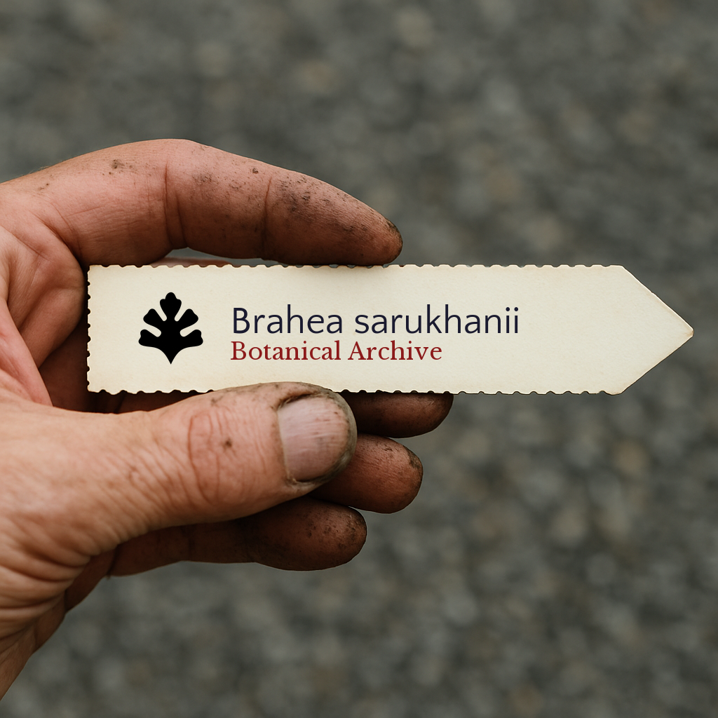 Printed plant label for Brahea sarukhanii held by a gardener's dirty hand outdoors