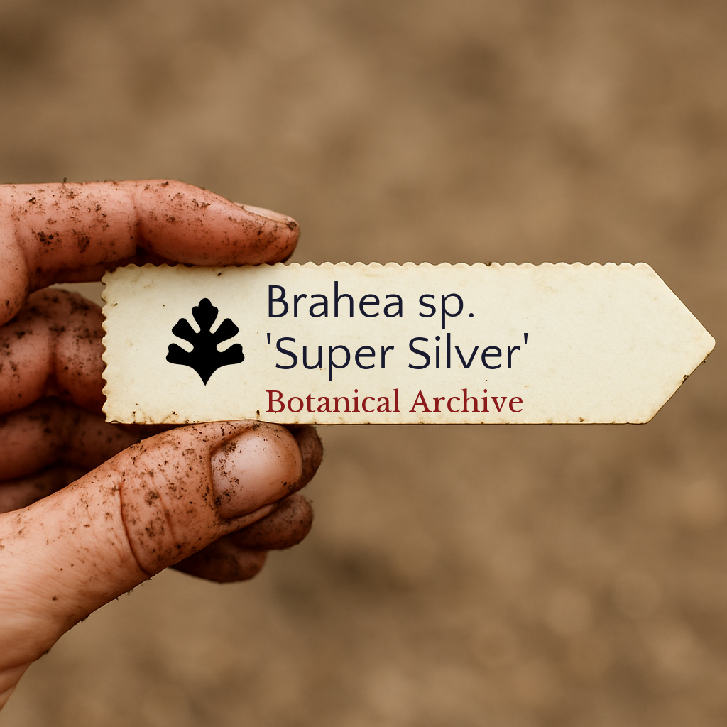 Etichetta stampata per pianta Brahea sp. 'Super Silver' tenuta da mano sporca all'aperto