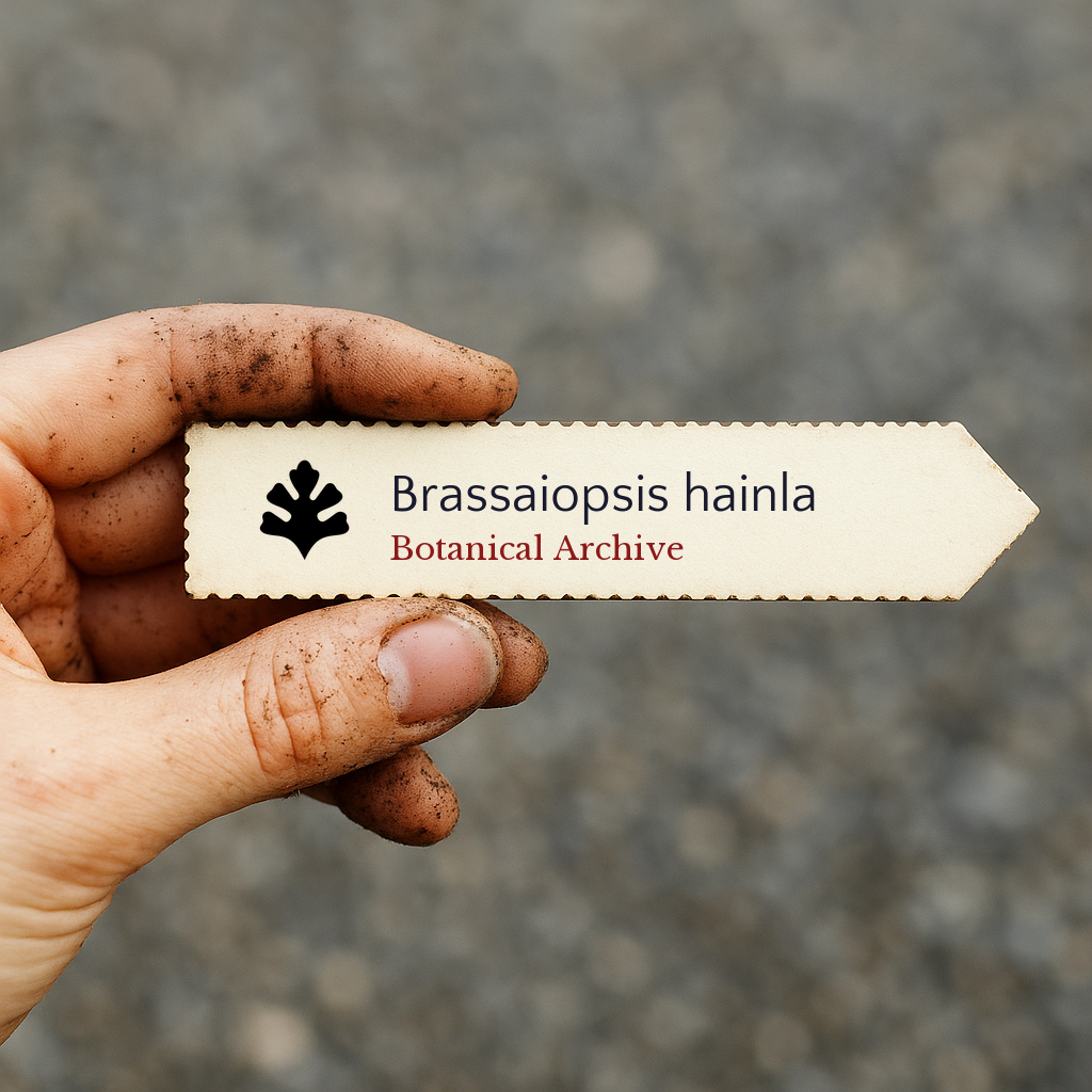 Printed plant label for Brassaiopsis hainla held by dirty hand outdoors