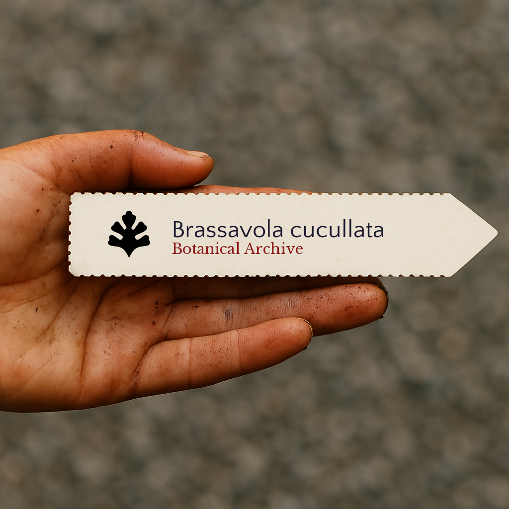 Printed plant label for Brassavola cucullata held in hand with botanical archive logo