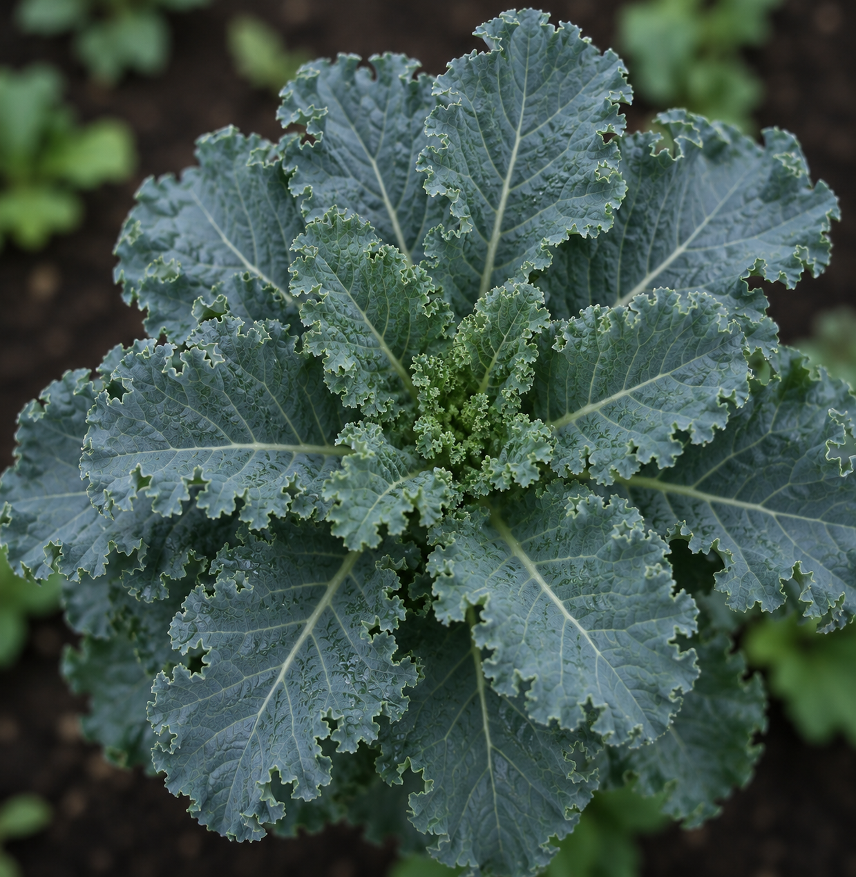 Brassica oleracea var. ramosa with curly blue-green leaves growing in soil