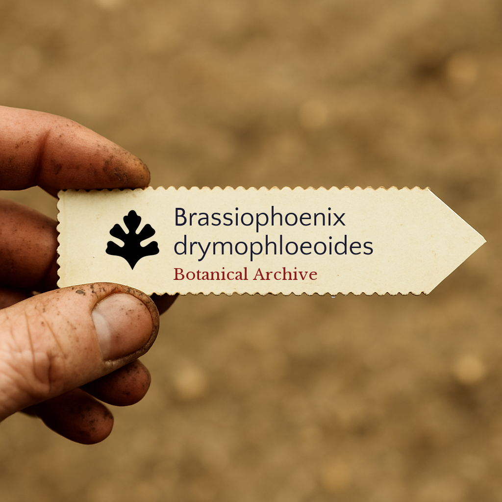 Printed plant label for Brassaiophoenix drymophloeoides held by hand with soil background