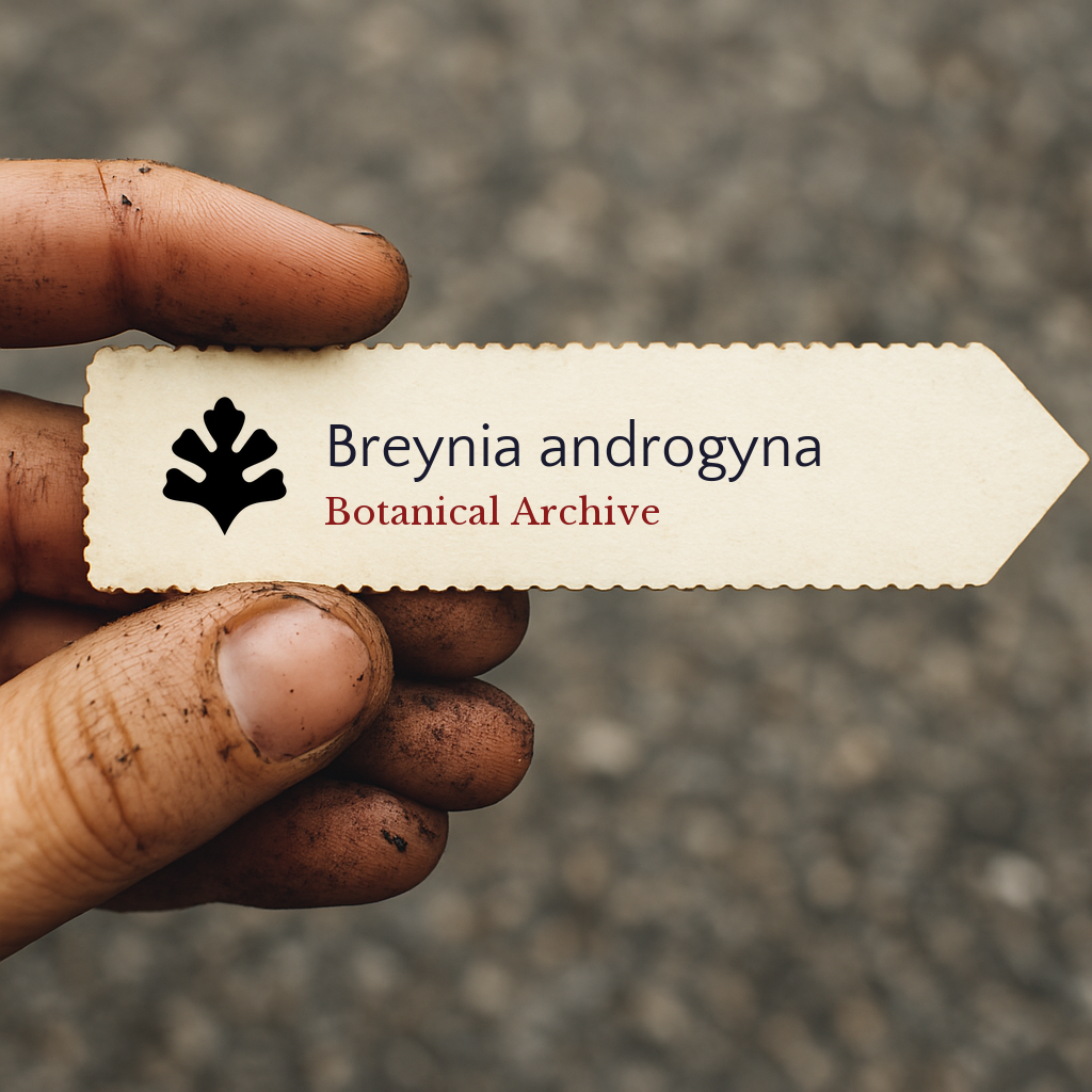 Etichetta stampata per pianta di Breynia androgyna tenuta da una mano sporca all'aperto
