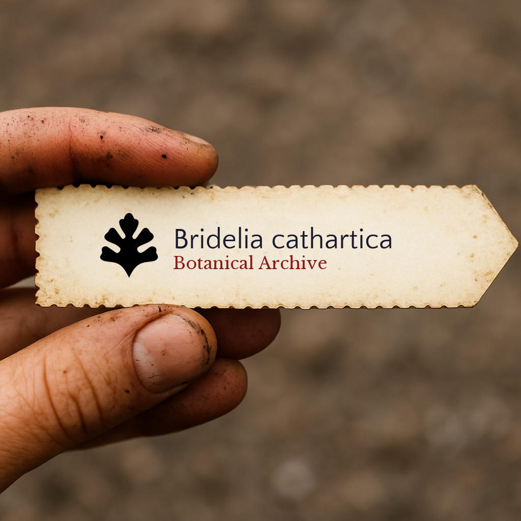 Etichetta stampata per pianta di Bridelia cathartica tenuta da una mano sporca con sfondo di terra