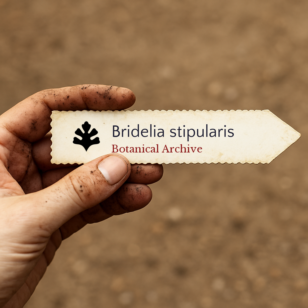 Printed plant label for Bridelia stipularis held by a dirt-covered hand