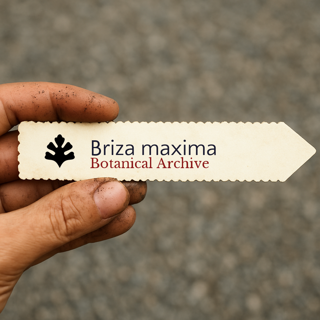 Printed plant label for Briza maxima held by hand with soil on fingers