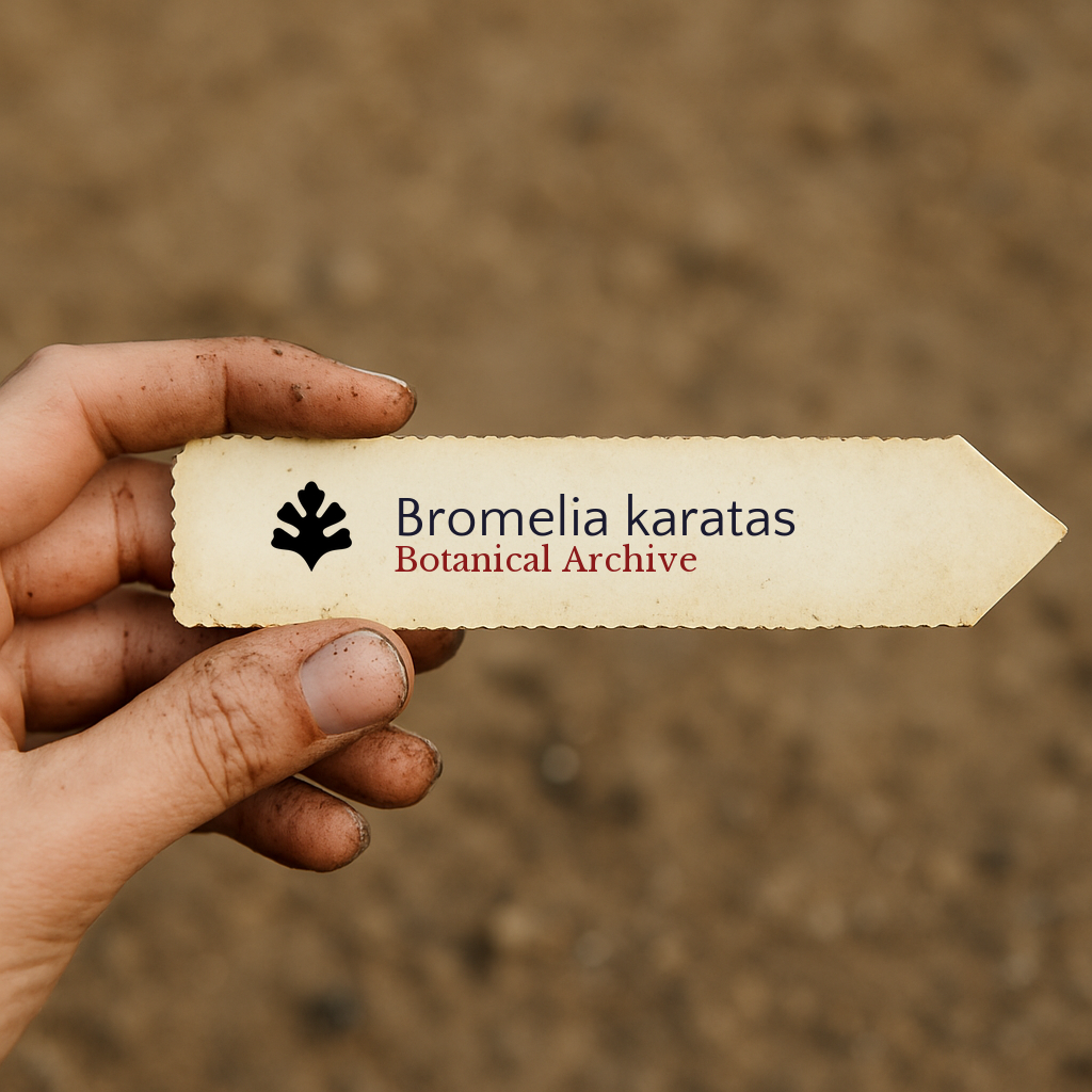 Printed plant label for Bromelia karatas held by a hand with soil background