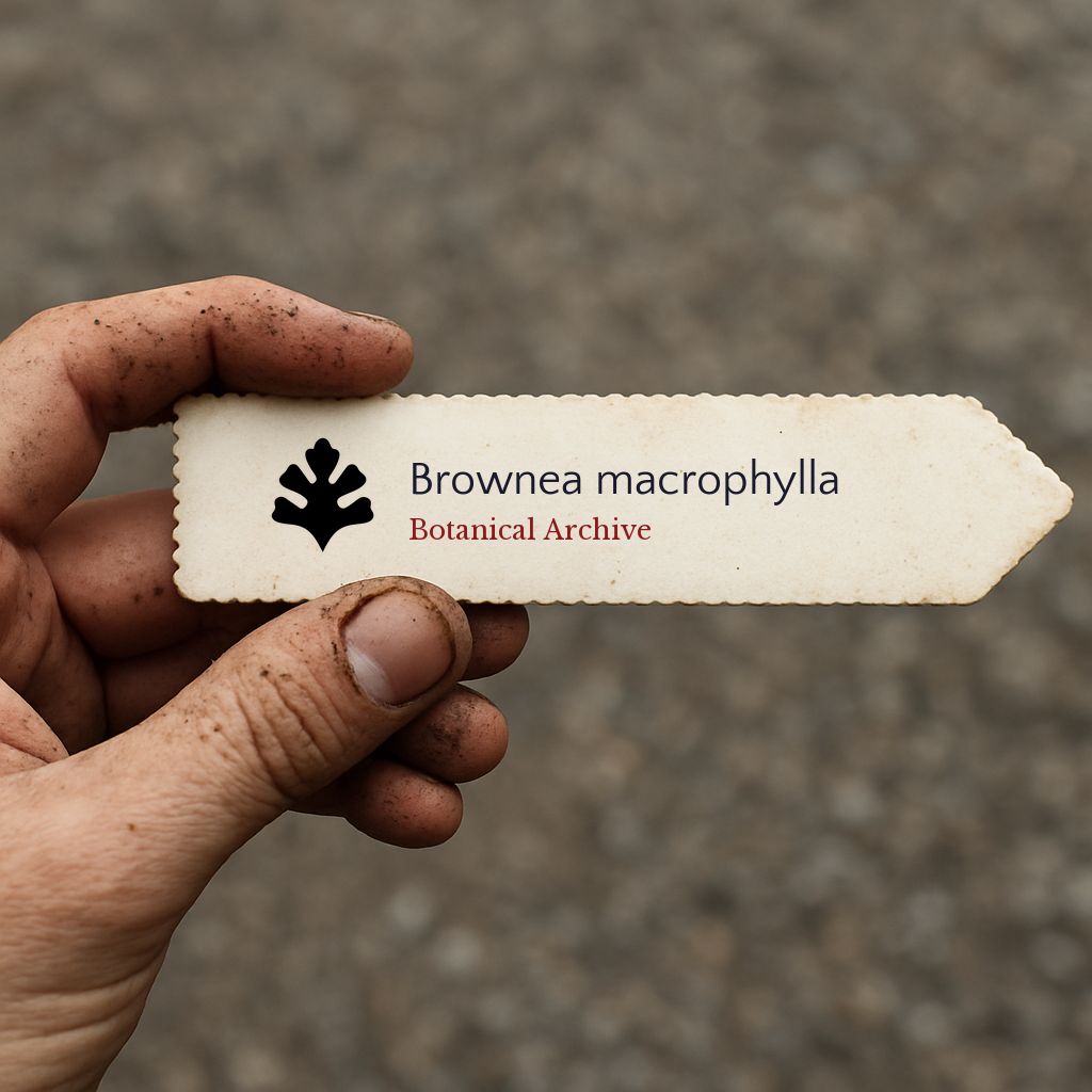 Printed plant label for Brownea macrophylla held by dirty hand outdoors