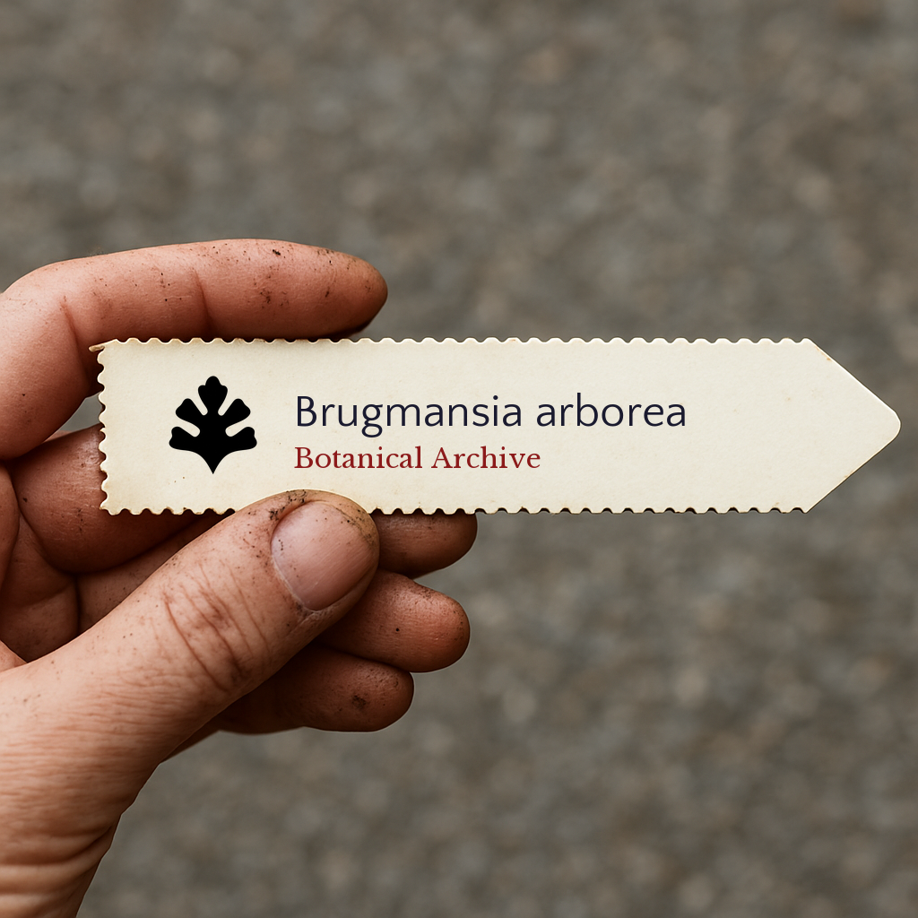 Etichetta per pianta stampata per Brugmansia arborea tenuta in mano con dita macchiate di terra