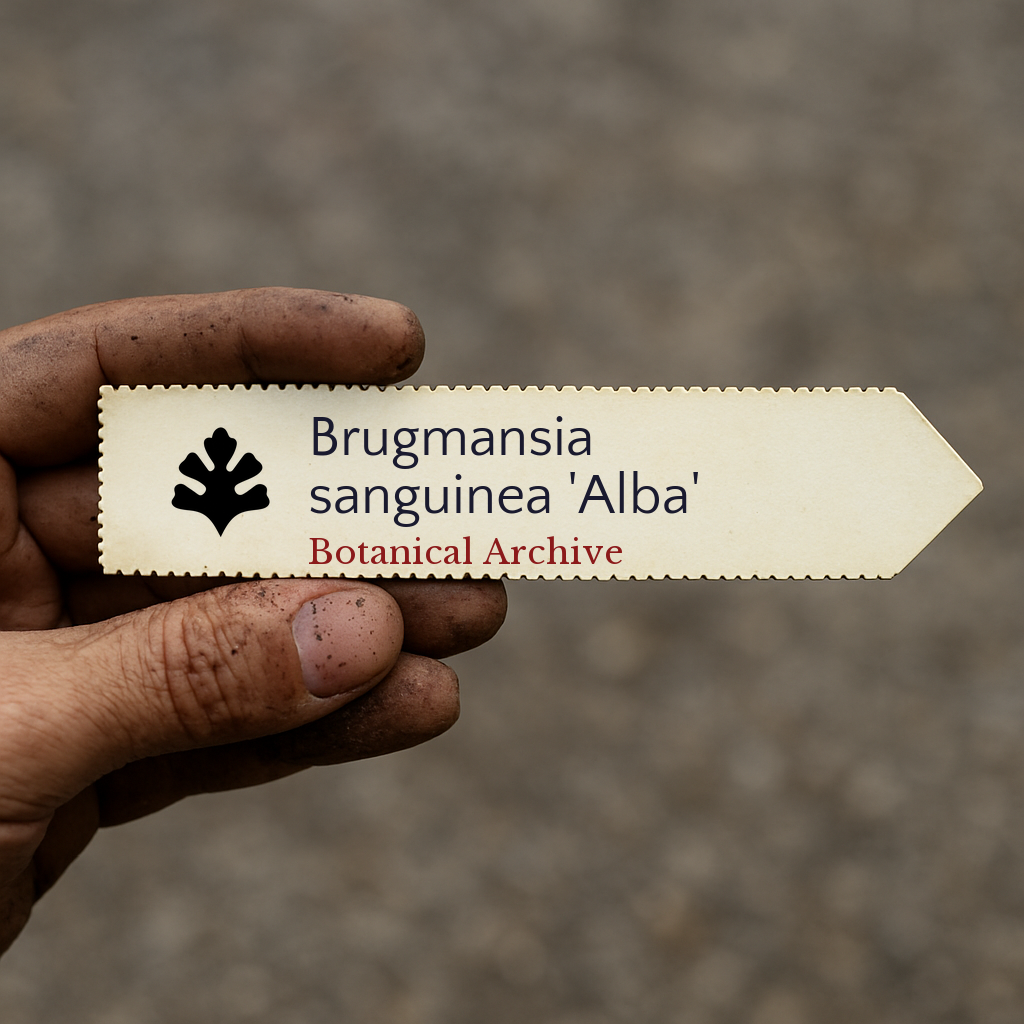 Printed plant label for Brugmansia sanguinea 'Alba' held by dirty hand outdoors