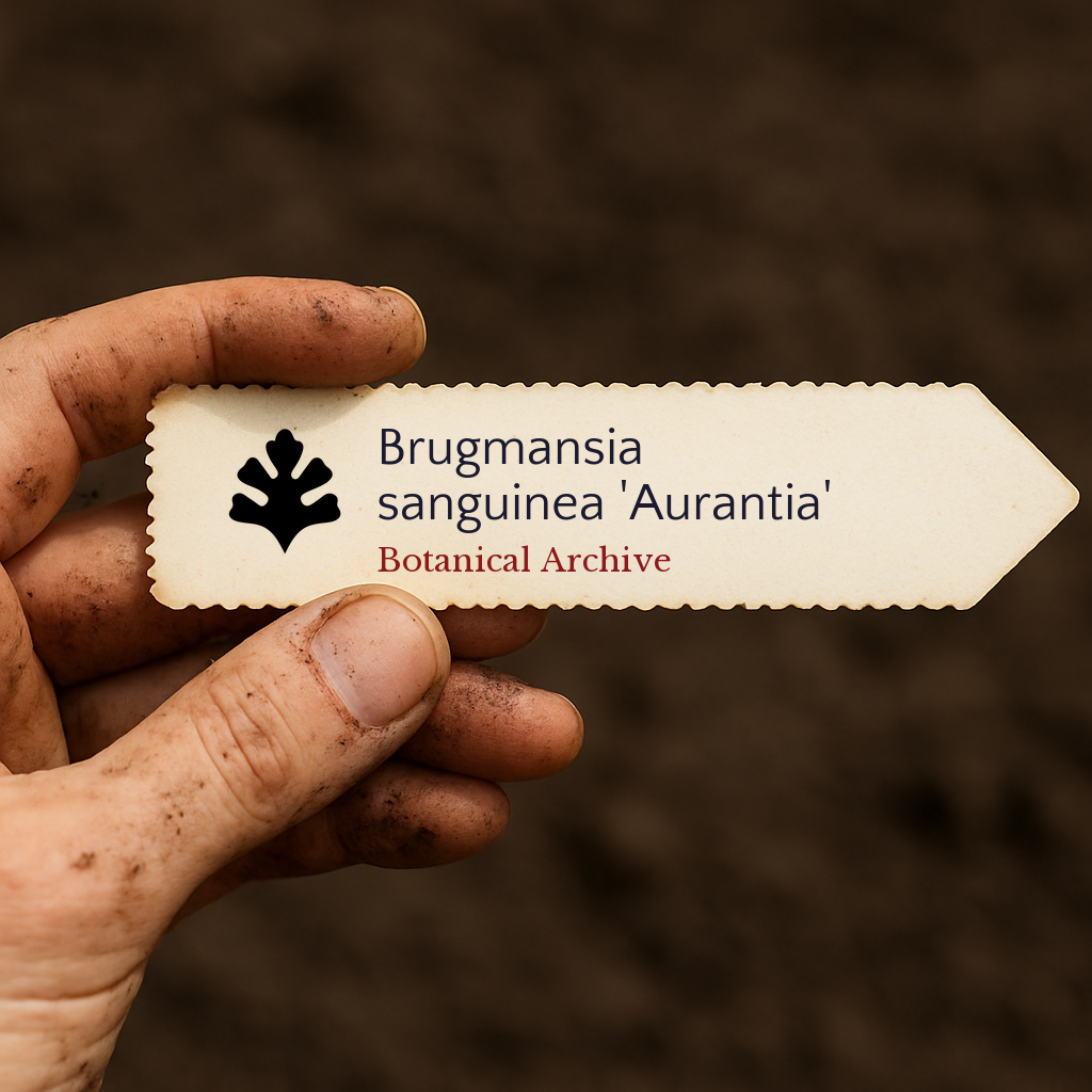 Etichetta stampata per pianta di Brugmansia sanguinea 'Aurantia' tenuta da mano sporca sullo sfondo di terra