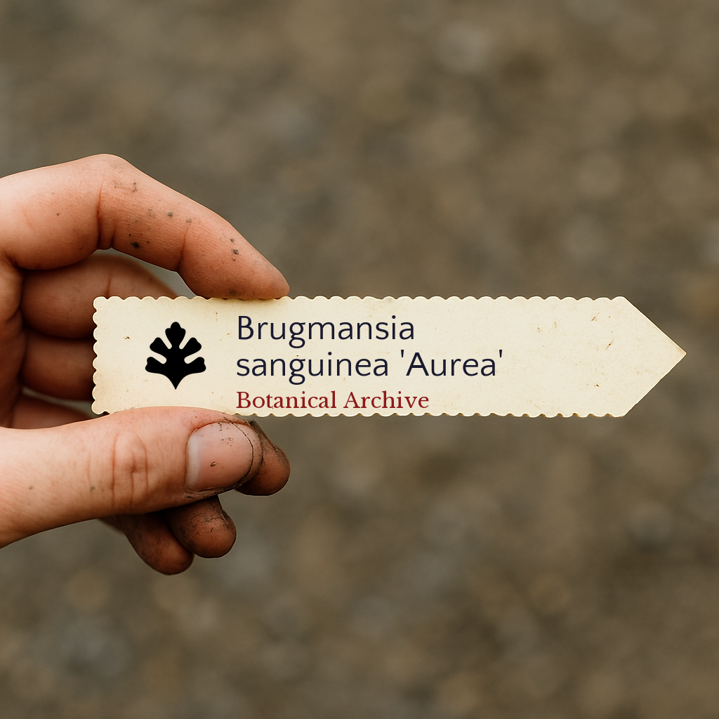 Etichetta per pianta stampata per Brugmansia sanguinea 'Aurea' tenuta a mano con sfondo di terra