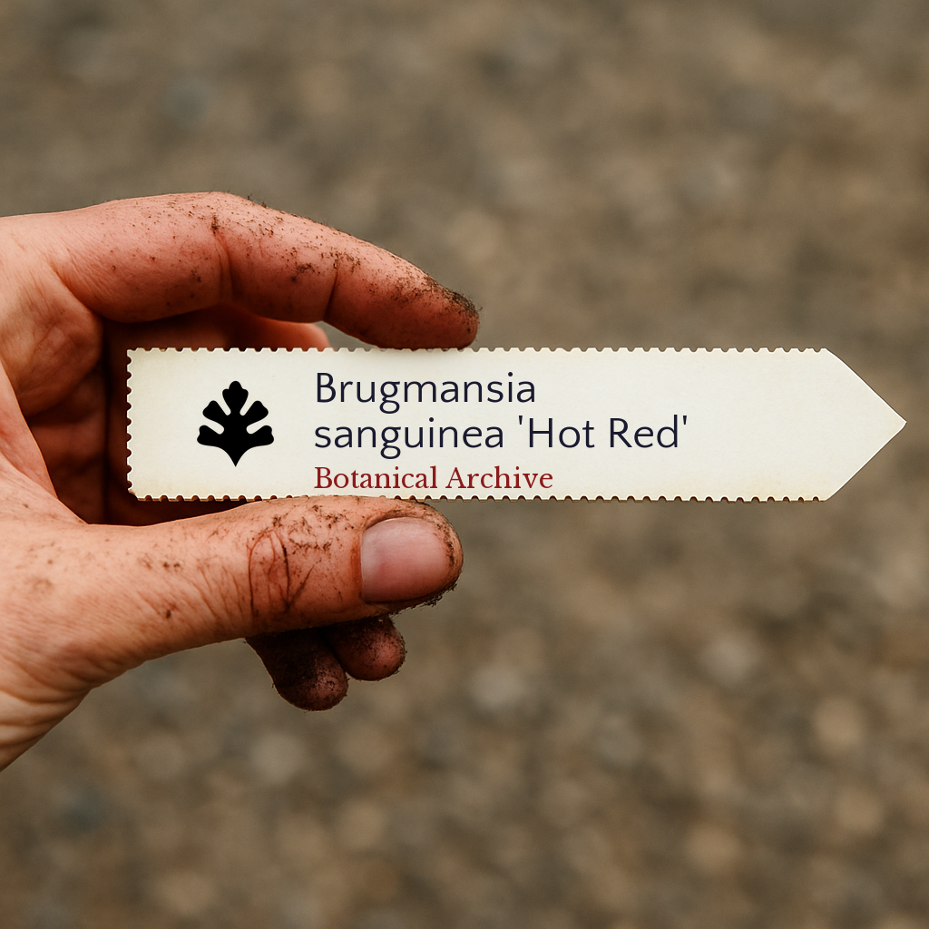 Printed plant label for Brugmansia sanguinea 'Hot Red' held by dirty hand outdoors