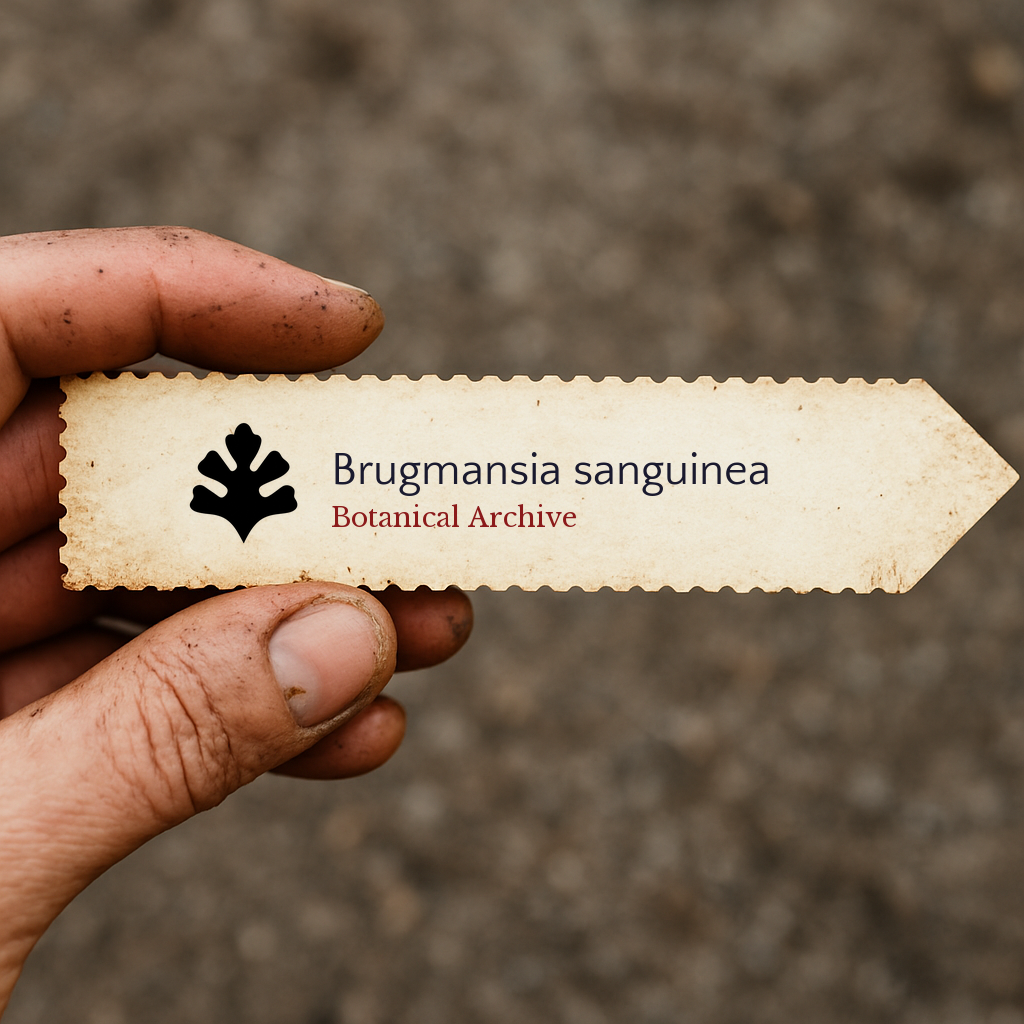 Etichetta per piante stampata per Brugmansia sanguinea tenuta a mano con sfondo di terra