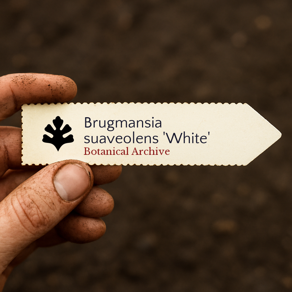 Printed plant label for Brugmansia suaveolens 'White' held by dirty hand over soil background