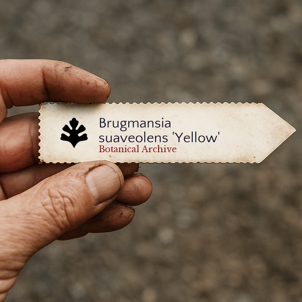 Printed plant label for Brugmansia suaveolens 'Yellow' held by dirty hand outdoors