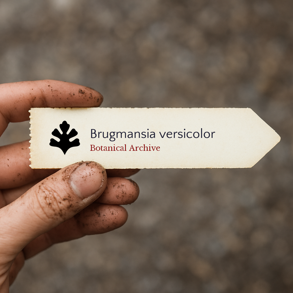 Etichetta per pianta stampata per Brugmansia versicolor tenuta da mano sporca all'aperto