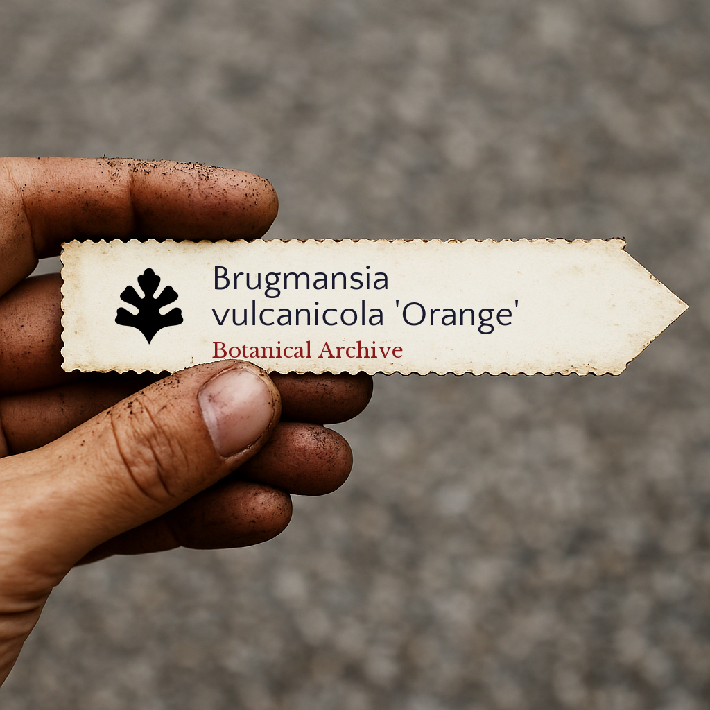 Etichetta floreale stampata per Brugmansia vulcanicola 'Orange' tenuta da mano sporca all'aperto