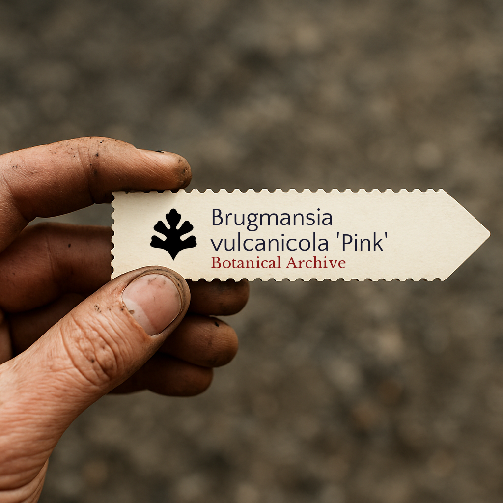 Printed plant label for Brugmansia vulcanicola 'Pink' held by dirty hand outdoors